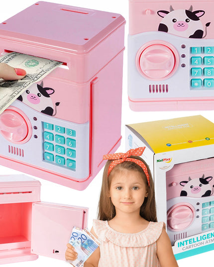 Rožinė kiaulytė taupyklė-seifas vaikams, banknotams ir monetoms, su kodu, žaislas