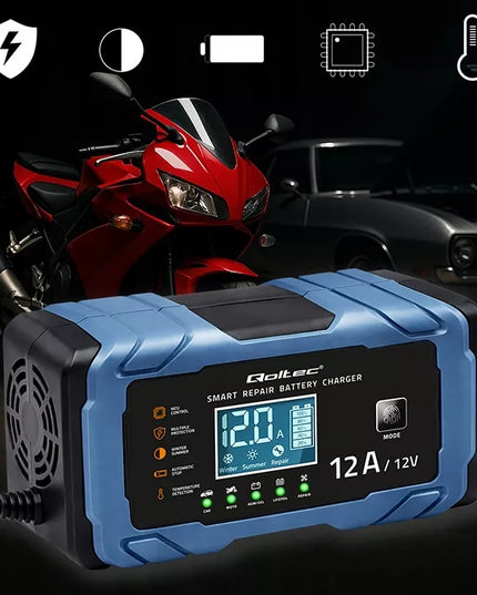 Prostownik 12V 12A AGM GEL LiFePO4 LCD z funkcją naprawy 9-etapowy Qoltec