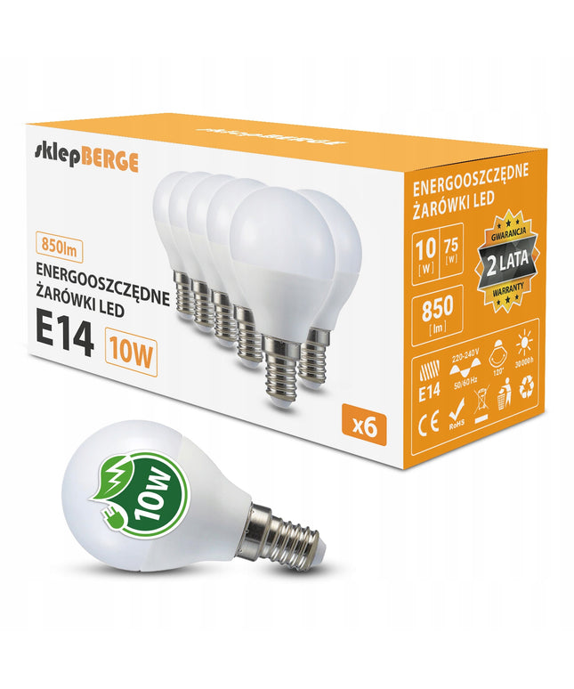 6x LED lemputė E14 G45 10W = 95W 850lm Neutrali spalva 4500K Dieninė BERGE