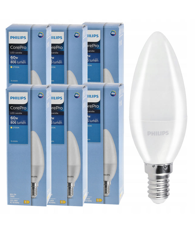 6x LED lemputė E14 PHILIPS 7W=60W 806lm Spalva 2700k Premium Žvakidė Rinkinys