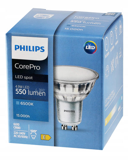 6x LED leputė GU10 PHILIPS 4,9W 550lm šalta spalva 6500K Premium rinkinys