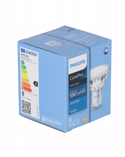 6 x PHILIPS LED lemputė GU10 4,9W 550lm Šalta spalva 6500K Premium rinkinys