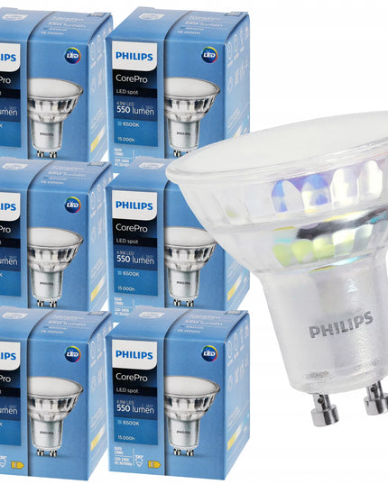 6x LED leputė GU10 PHILIPS 4,9W 550lm šalta spalva 6500K Premium rinkinys