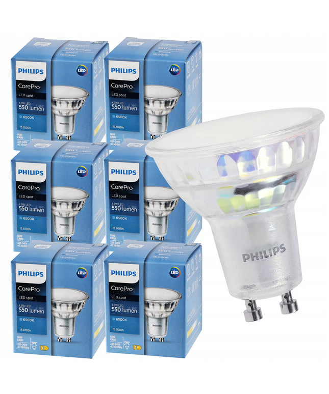 6x LED leputė GU10 PHILIPS 4,9W 550lm šalta spalva 6500K Premium rinkinys