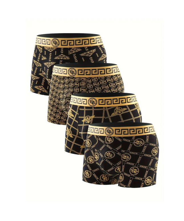 Prabangūs vyriški apatiniai – 4 vnt rinkinys su raštais, juoda ir aukso spalvos