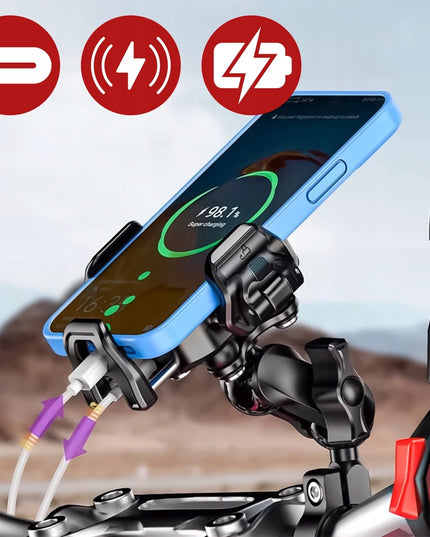 Motociklo telefono laikiklis, antivibracinis, su 15W induktyviu įkrovikliu + USB