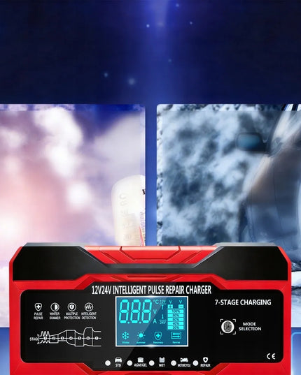 Galingas išmanusis automatinis akumuliatoriaus įkroviklis su LCD ekranu, 10 A, 12 V / 24 V