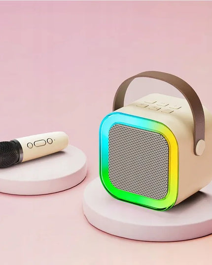 Przydasie.pl nešiojama „Bluetooth“ karaokė kolonėlė su RGB apšvietimu, 2 mikrofonais, „Mini Jack“, USB ir SD