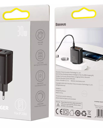 BASEUS greitasis sieninis įkroviklis telefonui 3x USB USB-C 30W PD QC 3.0 AFC
