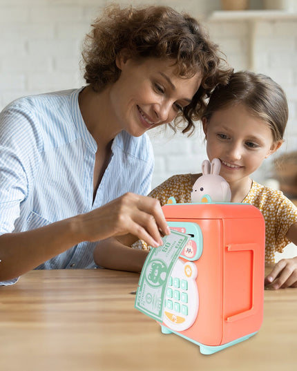 Taupyklė zuikutis, seifas banknotams ir monetoms, bankomat su PIN kodu