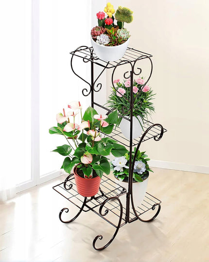 Juodas metalinis gėlių stovas su 4 lentynomis, vazonams ir augalams, lofto stiliaus