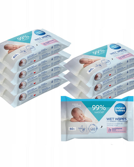 8 vnt. Canpol Drėgnos servetėlės kūdikiams ir vaikams, 99% vandens, 60 vnt.