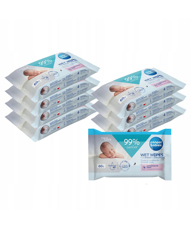 8 vnt. Canpol Drėgnos servetėlės kūdikiams ir vaikams, 99% vandens, 60 vnt.