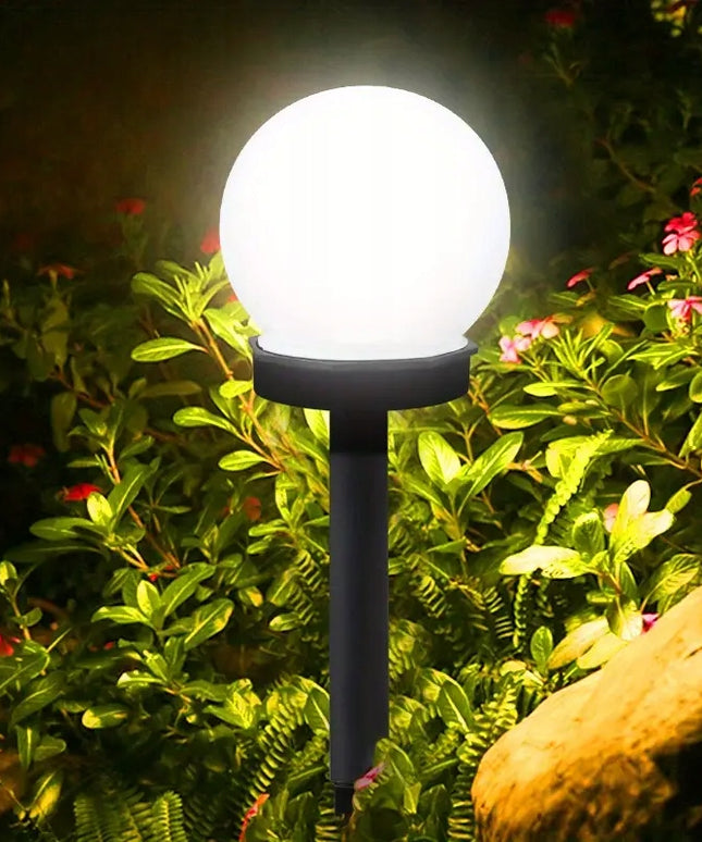 8x Lauko LED saulės šviestuvai, įsmeigiami, kamuolio formos, balti, 10cm, atsparūs vandeniui IP44
