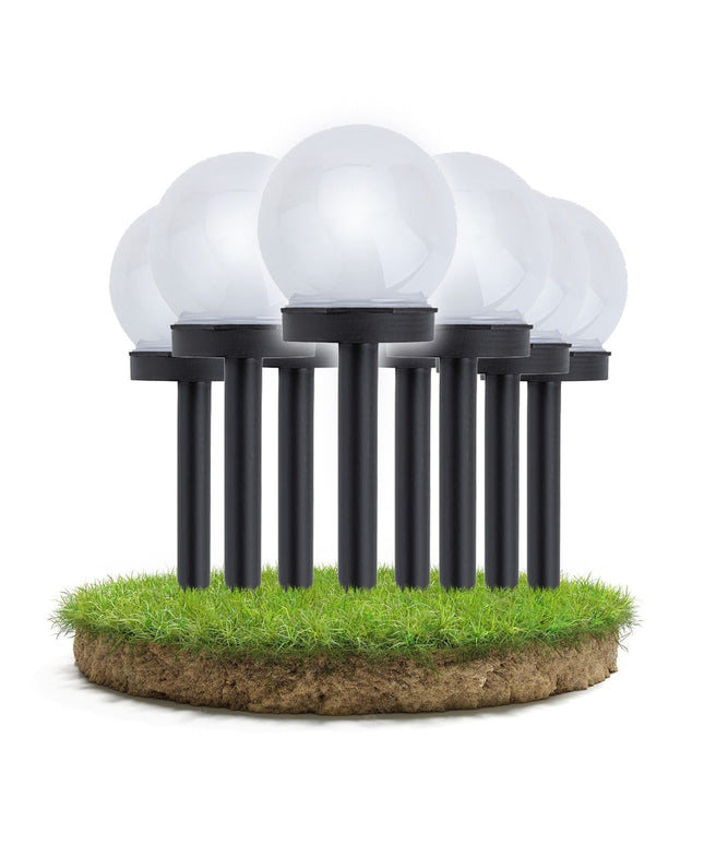 8x Lauko LED saulės šviestuvai, įsmeigiami, kamuolio formos, balti, 10cm, atsparūs vandeniui IP44