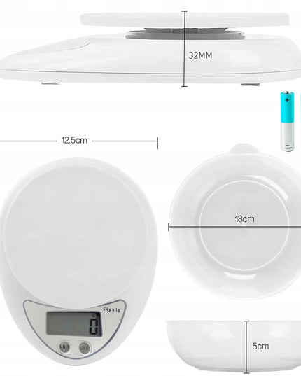 Elektroninės virtuvinės svarstyklės su dubeniu iki 5 kg, LCD ekranas, tikslios