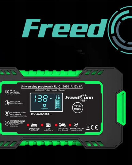 Galingas „FreedConn“ 12 V, 6 A automobilio akumuliatoriaus įkroviklis, užrašai lenkų kalba