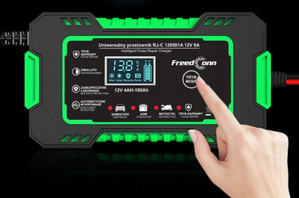 Galingas „FreedConn“ 12 V, 6 A automobilio akumuliatoriaus įkroviklis, užrašai lenkų kalba