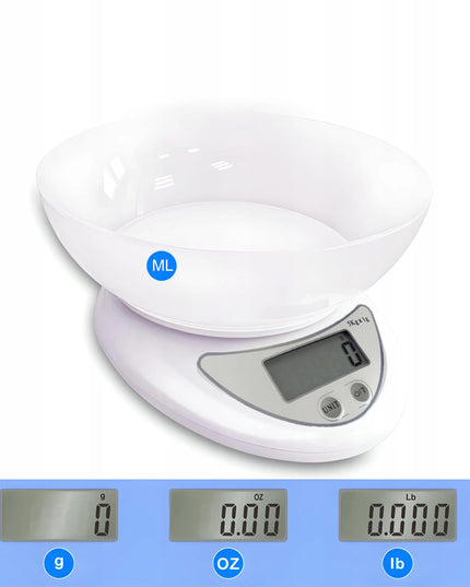 Elektroninės virtuvinės svarstyklės su dubeniu iki 5 kg, LCD ekranas, tikslios