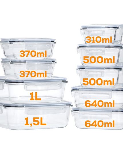 9 vnt. Virtuvinis stiklinis sandarus maisto indas, didelis talpyklų rinkinys