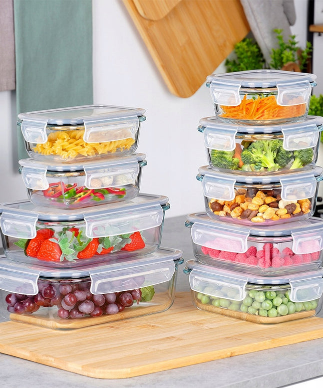 9 vnt. Virtuvinis stiklinis sandarus maisto indas, didelis talpyklų rinkinys