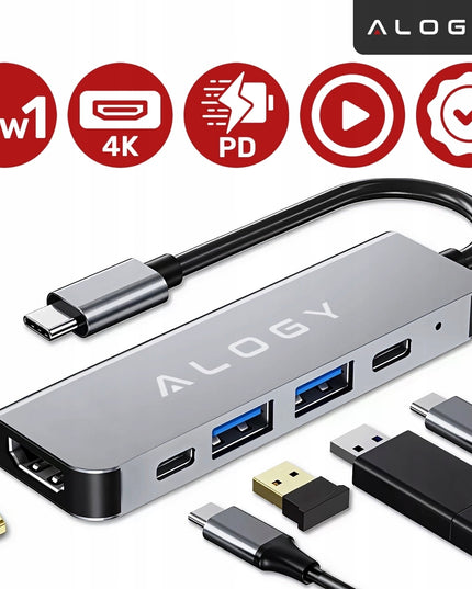 Adapteris-hub USB-C 5in1: 2x USB-A, 2x USB-C, HDMI 4K, PD 100W