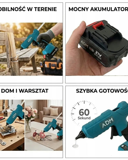 ADM belaidis karšto klijavimo pistoletas 21V su 2 akumuliatoriais ir 12 klijų pieštukų