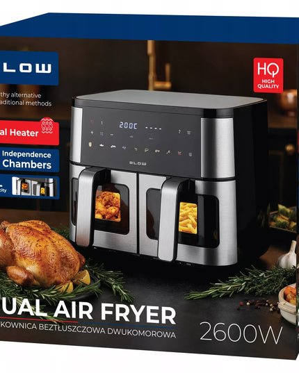 BLOW dviejų krepšių AIR FRYER gruzdintuvė be aliejaus XXL 9L, 2 kaitinimo elementai, galinga 2600W