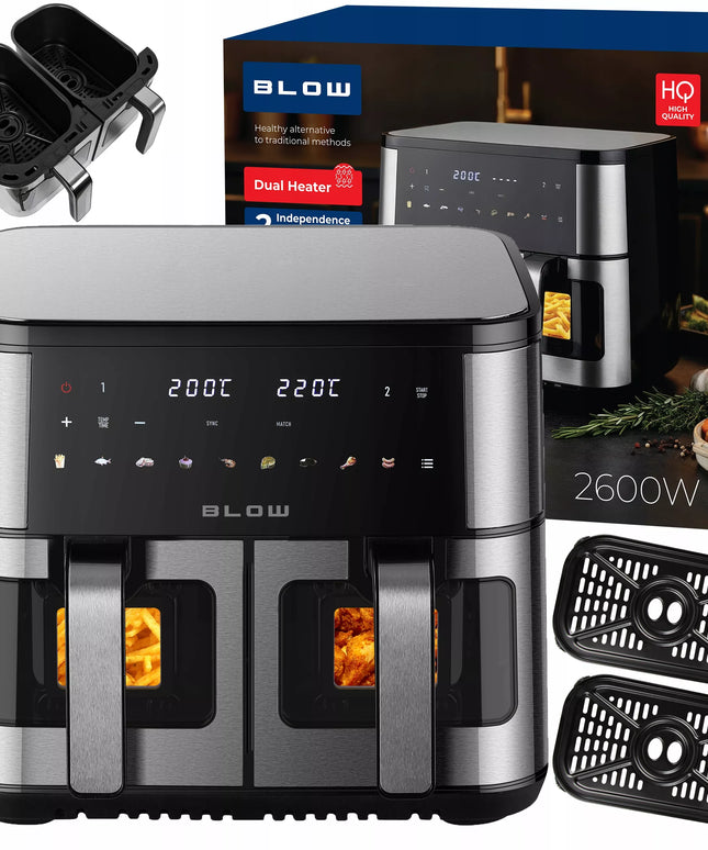 BLOW dviejų krepšių AIR FRYER gruzdintuvė be aliejaus XXL 9L, 2 kaitinimo elementai, galinga 2600W