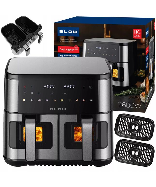 BLOW dviejų krepšių AIR FRYER gruzdintuvė be aliejaus XXL 9L, 2 kaitinimo elementai, galinga 2600W