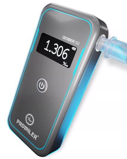Elektrocheminis alkotesteris Promiler iSOBER 50+ su antgaliais, OLED ekranu