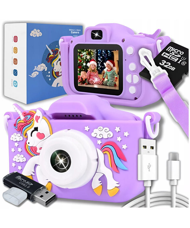 Skaitmeninis fotoaparatas vaikams, 40 MP, žaislinė kamera, žaidimai + 32 GB kortelė