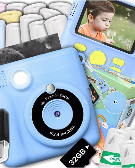 Skaitmeninis momentinis fotoaparatas vaikams su spausdintuvu + 32GB kortelė + 14 ritinėlių