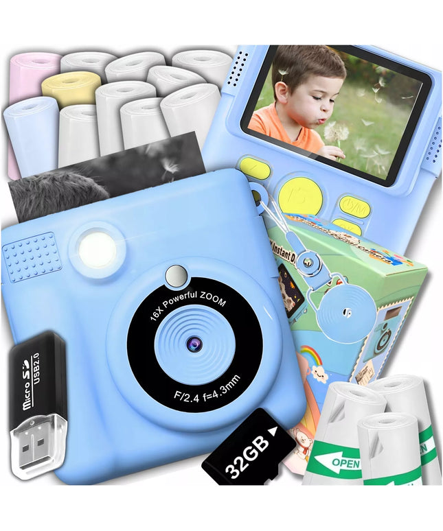 Skaitmeninis momentinis fotoaparatas vaikams su spausdintuvu + 32GB kortelė + 14 ritinėlių