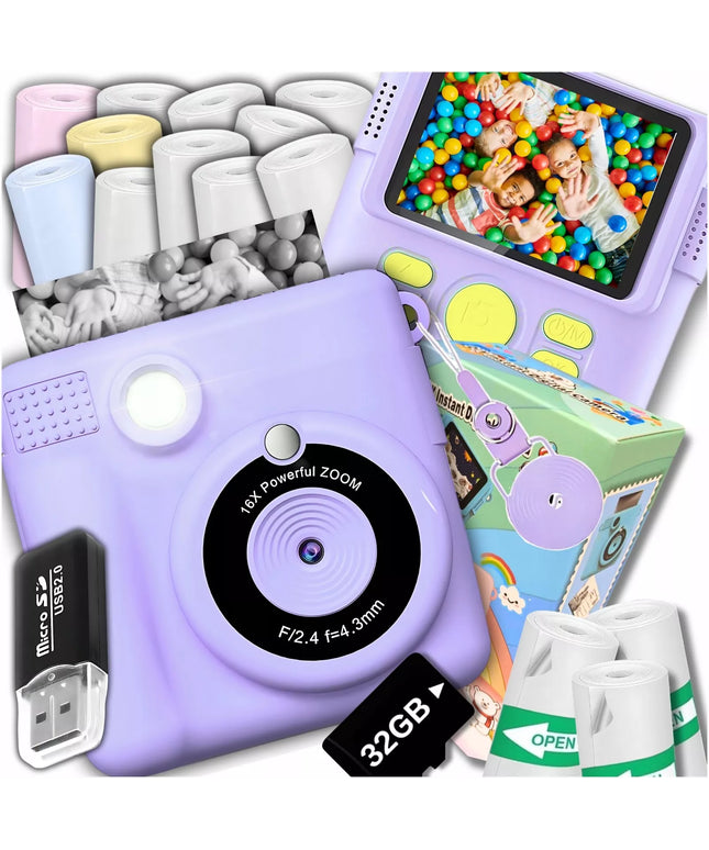 Skaitmeninis momentinis fotoaparatas vaikams su spausdintuvu + 32GB kortelė + 14 ritinėlių