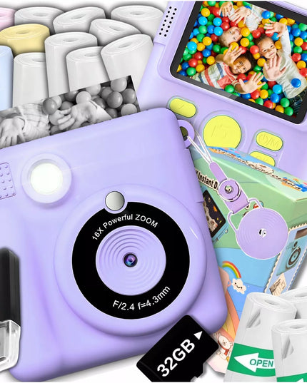 Skaitmeninis momentinis fotoaparatas vaikams su spausdintuvu + 32GB kortelė + 14 ritinėlių