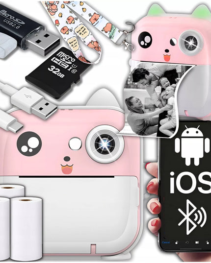 VAIKAMS TŪLINIS FOTOAPARATAS DRUKUŚ SPAUSDINTUVAS SU 32GB KORTELĖ + 3 RITINĖLIAI