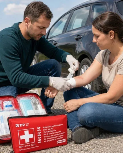 Automobilinė pirmosios pagalbos vaistinėlė pagal DIN 13164:2022 (45 elementai)