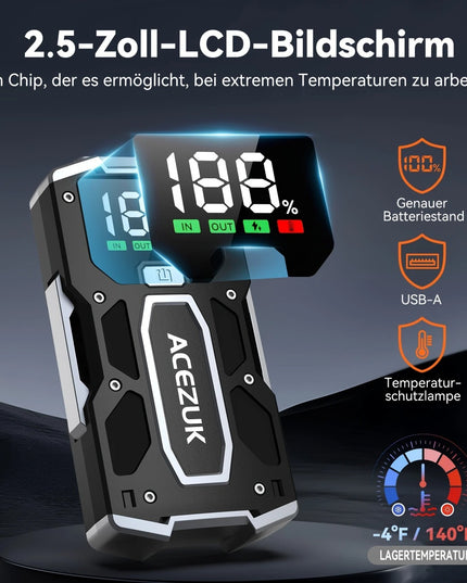 Automobilio Užvedėjas – Galingas Šuolių Starteris 5000A 12V Akumuliatoriaus Pakrovėjas iki 7.0L Benzino arba 5.5L Dyzelio Su LED Žibintuvėliu ir LCD Ekranu