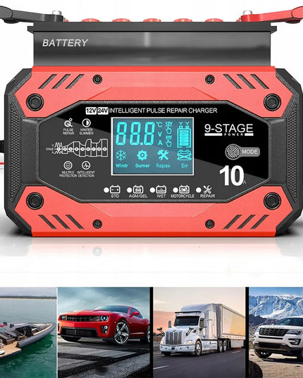 Automatinis išmanusis akumuliatoriaus įkroviklis su LCD ekranu, 12 V / 24 V, 10 A