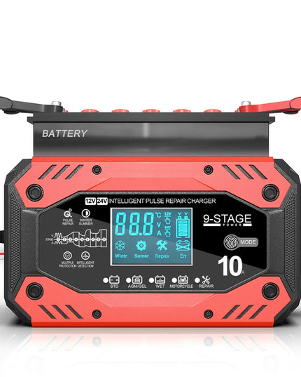 Automatinis išmanusis akumuliatoriaus įkroviklis su LCD ekranu, 12 V / 24 V, 10 A