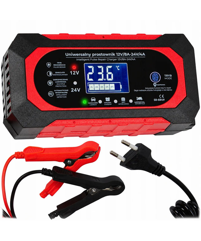 Automatinis išmanusis akumuliatoriaus įkroviklis su LCD ekranu, 24 V / 12 V, 8 A