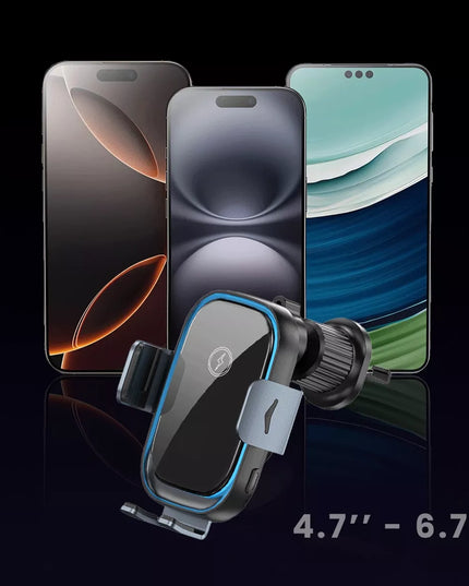 AUTOMATINIS telefono laikiklis į ventiliacijos groteles su greituoju 15W Qi belaidžiu įkrovikliu