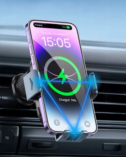 AUTOMATINIS telefono laikiklis į ventiliacijos groteles su greituoju 15W Qi belaidžiu įkrovikliu
