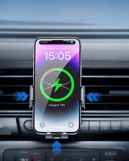 AUTOMATINIS telefono laikiklis į ventiliacijos groteles su greituoju 15W Qi belaidžiu įkrovikliu