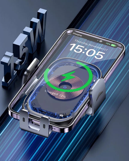 AUTOMATINIS telefono laikiklis į ventiliacijos groteles su greituoju 15W Qi belaidžiu įkrovikliu