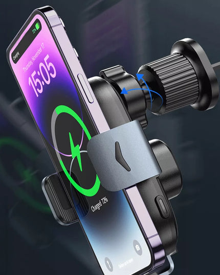 AUTOMATINIS telefono laikiklis į ventiliacijos groteles su greituoju 15W Qi belaidžiu įkrovikliu