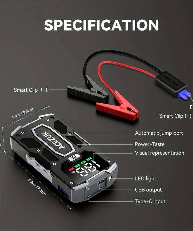 Automobilio Užvedėjas – Galingas Šuolių Starteris 5000A 12V Akumuliatoriaus Pakrovėjas iki 7.0L Benzino arba 5.5L Dyzelio Su LED Žibintuvėliu ir LCD Ekranu