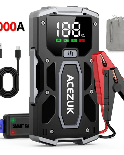 Automobilio Užvedėjas – Galingas Šuolių Starteris 5000A 12V Akumuliatoriaus Pakrovėjas iki 7.0L Benzino arba 5.5L Dyzelio Su LED Žibintuvėliu ir LCD Ekranu