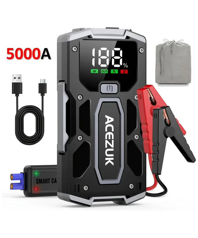 Automobilio Užvedėjas – Galingas Šuolių Starteris 5000A 12V Akumuliatoriaus Pakrovėjas iki 7.0L Benzino arba 5.5L Dyzelio Su LED Žibintuvėliu ir LCD Ekranu
